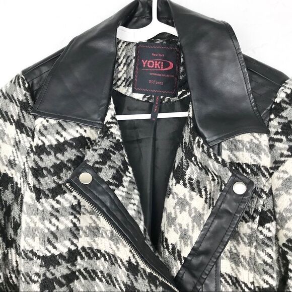 Yoki black grey plaid faux leather long belted statement coat - Picture 3 of 6
